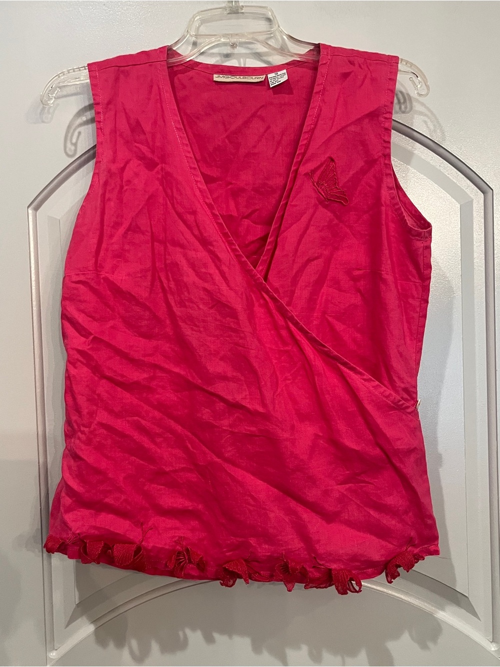 Vintage bright pink Sleeveless Wrap-Style linen blouse with butterflies.